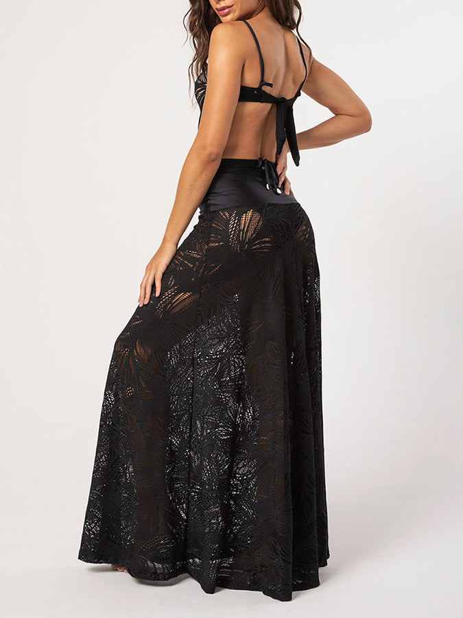 Lace Cut-out One Piece Swimsuit and Skirt