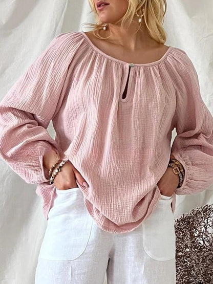 Long Sleeves Round Neck Cotton-linen Blouses