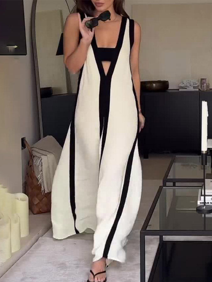 White-black Color-block V Neck Maxi Dress