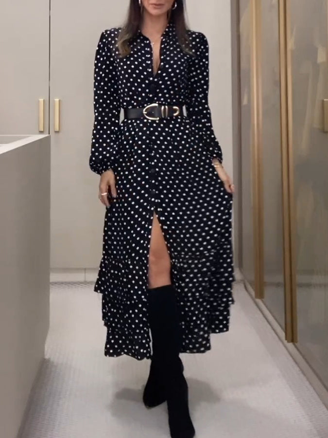 Black Polka Dots Printed Long Sleeves Cake Maxi Dress