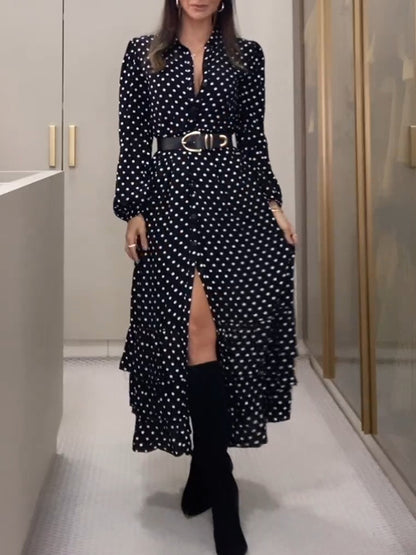 Black Polka Dots Printed Long Sleeves Cake Maxi Dress