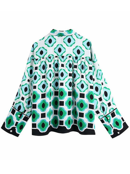Long Sleeves Geometric Printed Blouses and Pants Sets