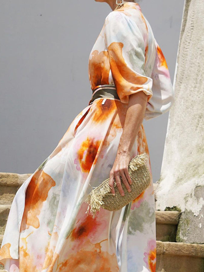 V Neck 3/4 Sleeves Printed Lace-up Swing Maxi Dress