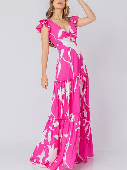 V Neck Ruffle Printed One Piece Swimsuit and Skirt