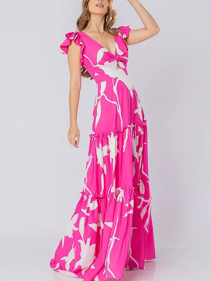 V Neck Ruffle Printed One Piece Swimsuit and Skirt