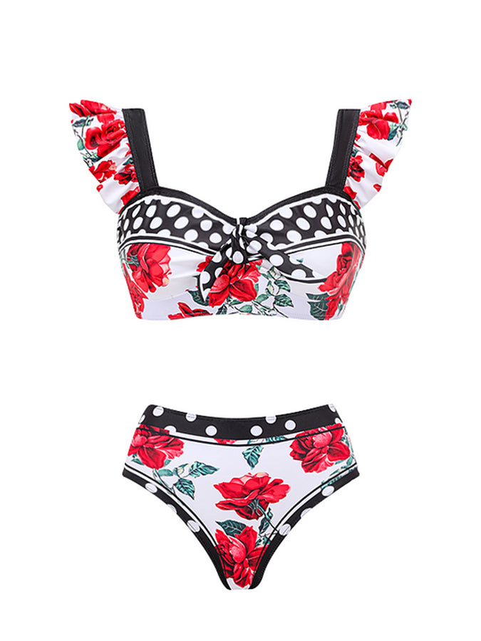 Rose Printed One Piece Swimsuit and Skirt