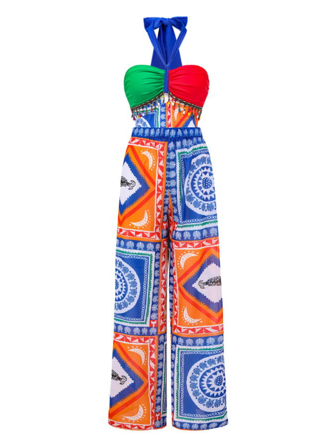 Halter Printed One Piece and Pants Swimwear