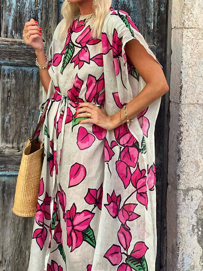 Printed Round Neck Loose Lace-up Maxi Dress