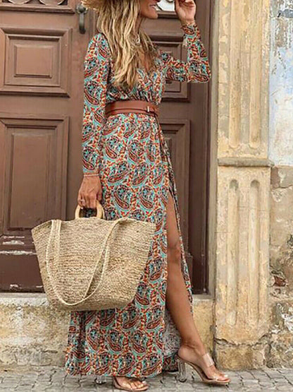 Long Sleeves Printed V Neck Maxi Dress With Belt