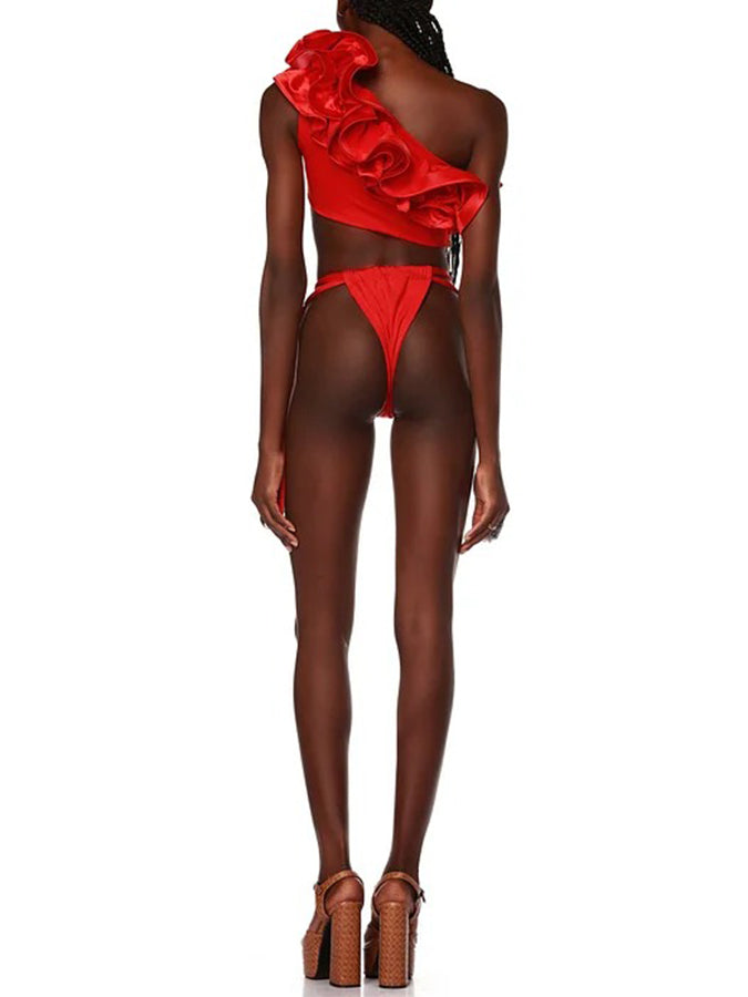 Red Flower Frilled One Shoulder Bikini Swimsuit and Skirt