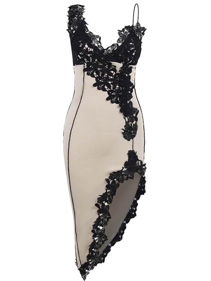 V Neck Strap Lace Paneled Slit Maxi Dress