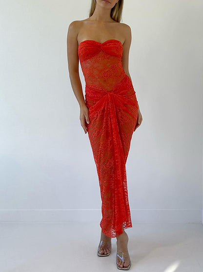 Lace Off Shoulder See-through Maxi Dress