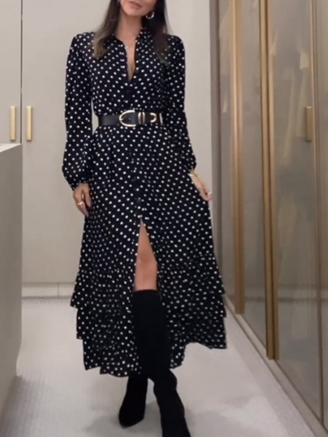 Black Polka Dots Printed Long Sleeves Cake Maxi Dress