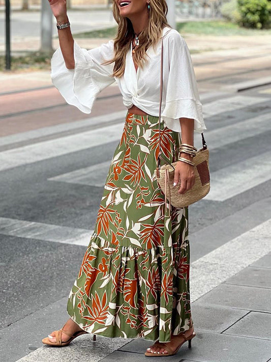Green Printed Elastic Waist Skirt