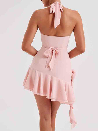 Halter 3d Flower Tassel Ruffle Mini Dress