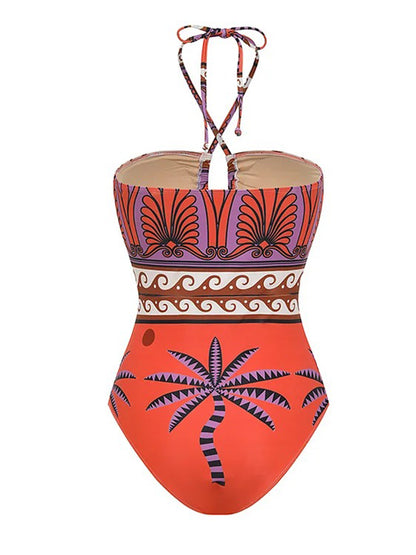One Shoulder Ruffle Printed Bikini Swimsuit and Skirt