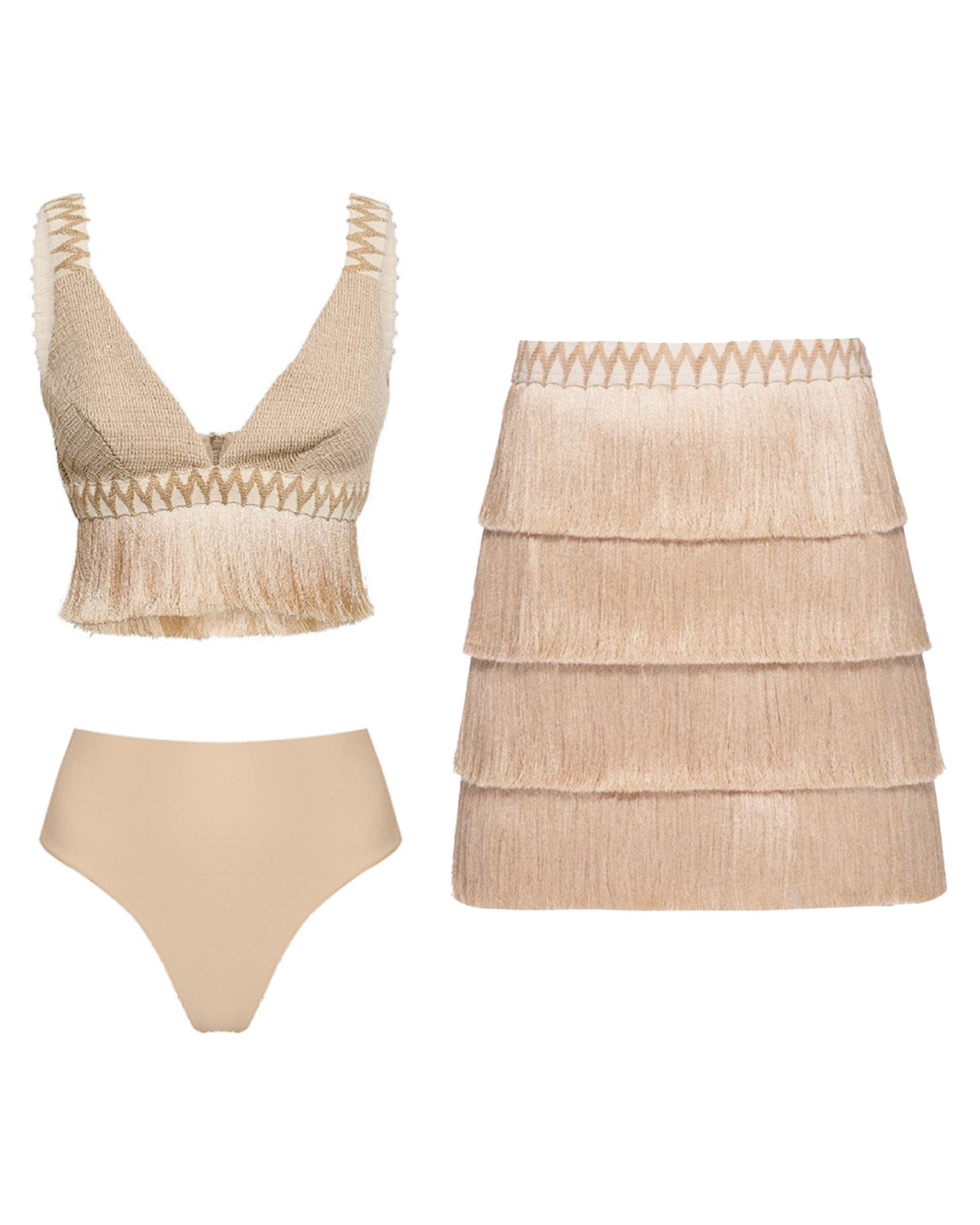 V-neck Fringe Beach Fringed Color Bikini Swimsuit and Skirt