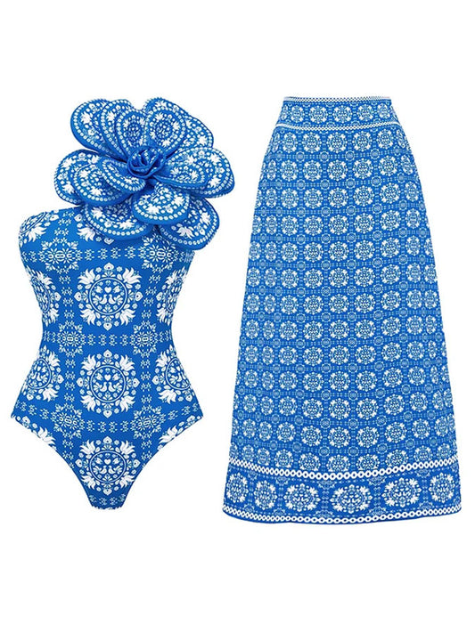 3d Flower One Shoulder Printed One Piece Swimsuit and Skirt