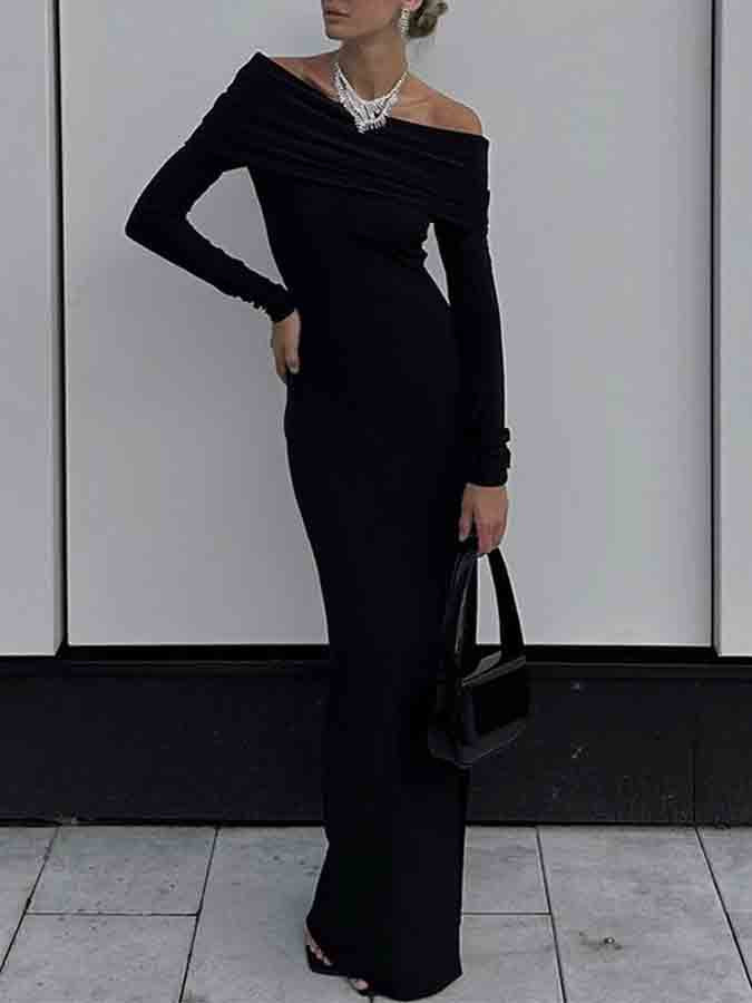 Off Shoulder Long Sleeves Slim Slit Maxi Dress