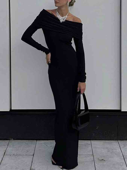 Off Shoulder Long Sleeves Slim Slit Maxi Dress