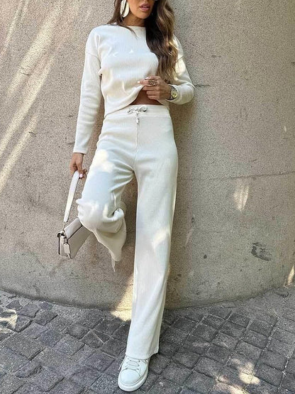 Round Neck Knitted Long Sleeved Top With Elastic Waist Pants Set