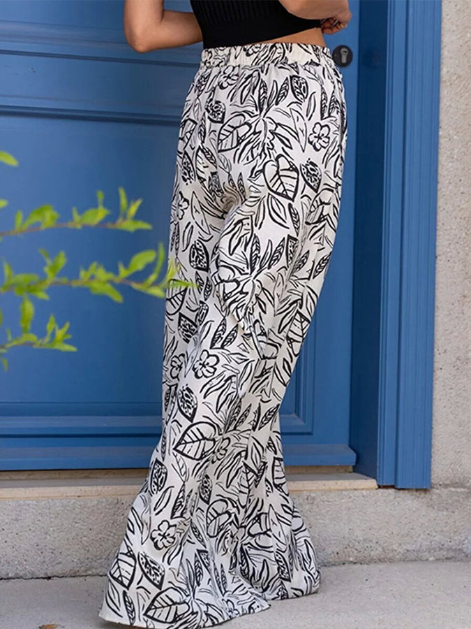 Printed Pockets Elastic Waist Wide-leg Pants