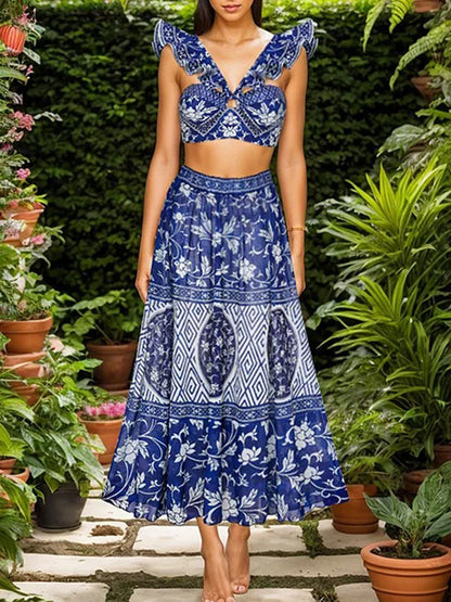 Asymmetrical Ruffle Printed One Piece Swimsuit and Skirt
