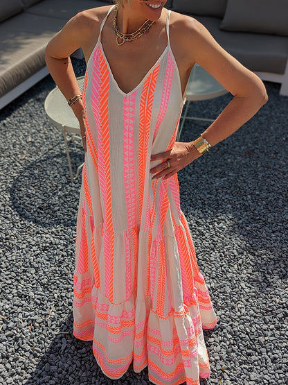 V Neck Sleeveless Tribal Holiday Maxi Dress