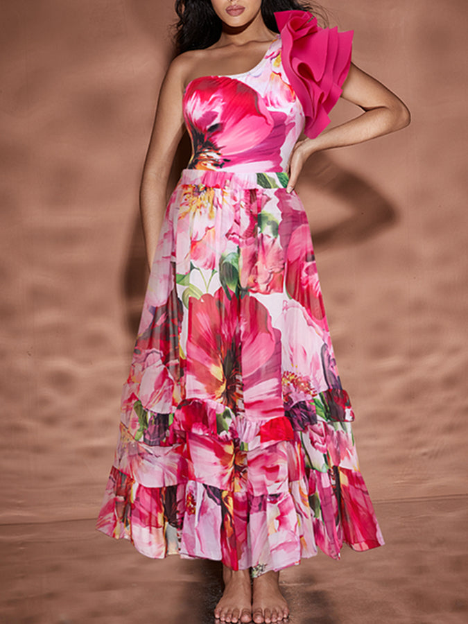 Ruffle V Neck Flower Printed One Piece Swimsuit and Skirt