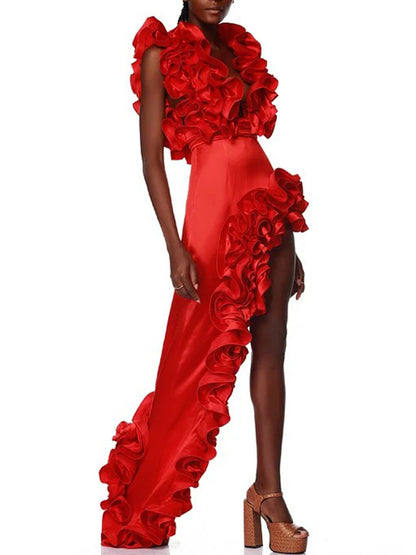 Red Flower Frilled One Shoulder Bikini Swimsuit and Skirt