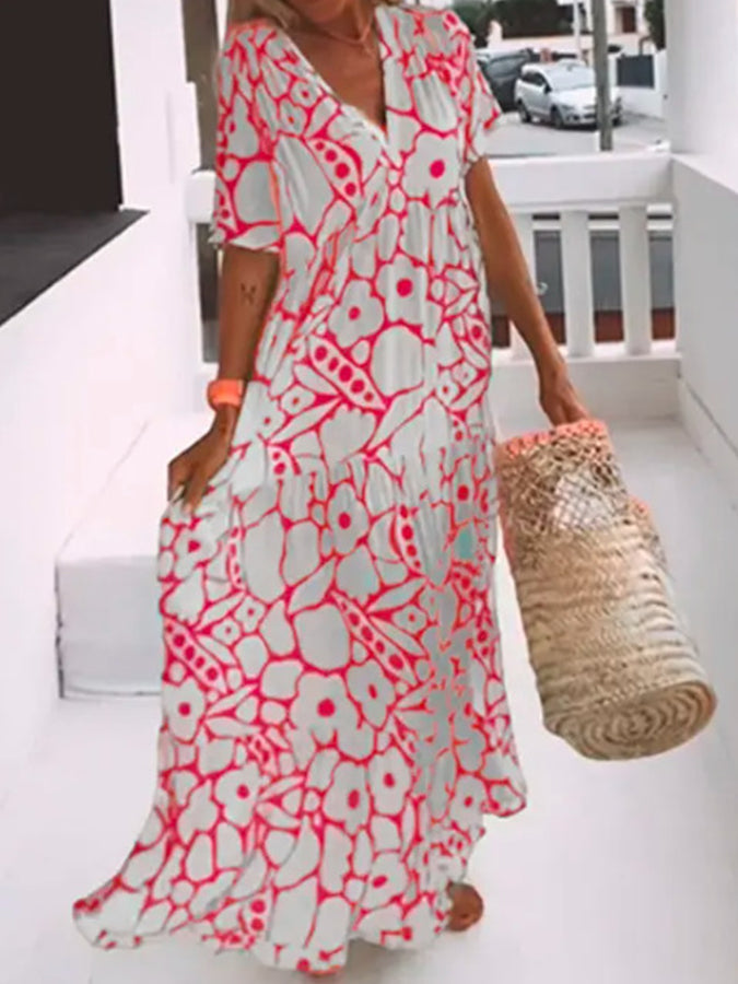 Short Sleeves V Neck Printed Maxi Dress