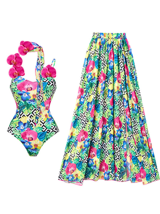 3d Orchid One Piece Swimsuit With Neck Scarf and Skirt
