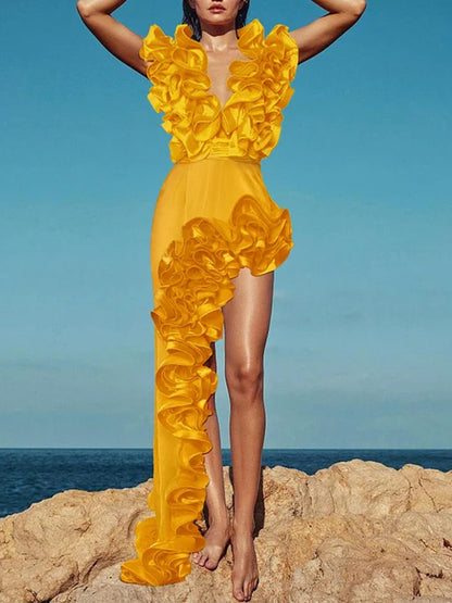 Frilled V Neck One Piece Swimsuit and Skirt