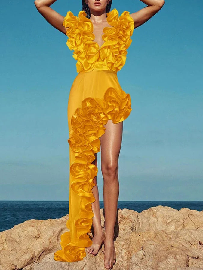 Frilled V Neck One Piece Swimsuit and Skirt