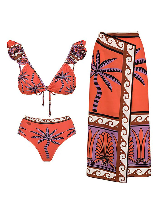 Off Shoulder Printed One Piece Swimsuit and Skirt
