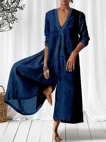 V Neck 3/4 Sleeves Wide-leg Jumpsuit