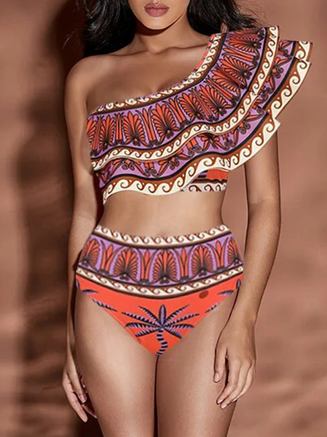 One Shoulder Ruffle Printed Bikini Swimsuit and Skirt