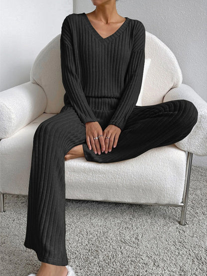 V Neck Long Sleeves Top and Pants Two Pieces Sets