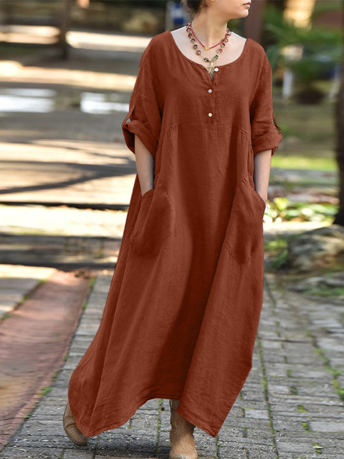 Round Neck 3/4 Sleeves Maxi Dress