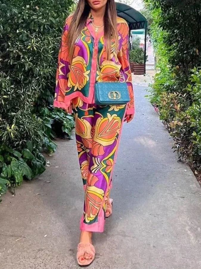 Printed Long Sleeves Blouses and Pants Sets