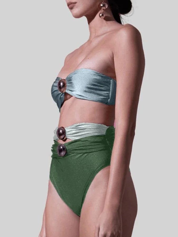 Sling Color Block Cutout High Waist Bikini Swimsuit and Skirt