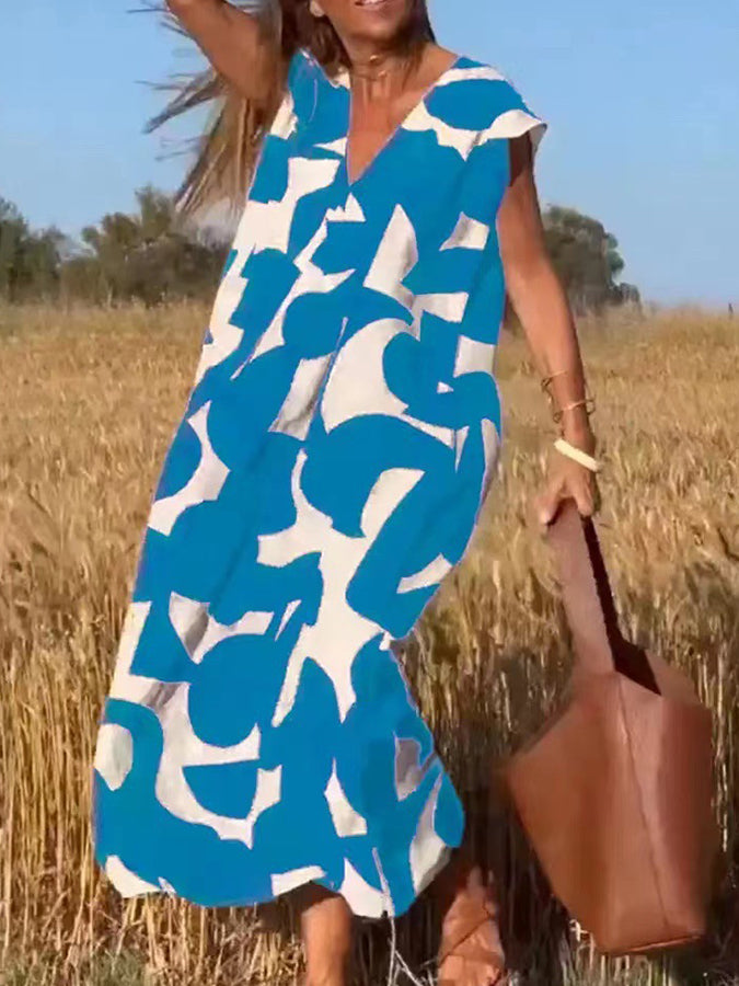 V Neck Short Sleeves Geometric Printed Maxi Dress