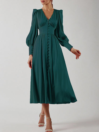 Long Sleeves Buttoned V Neck Maxi Dress