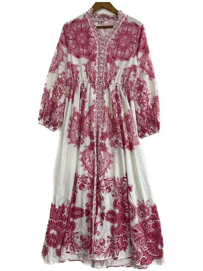 Tribal Printed V Neck Long Sleeves Maxi Dress