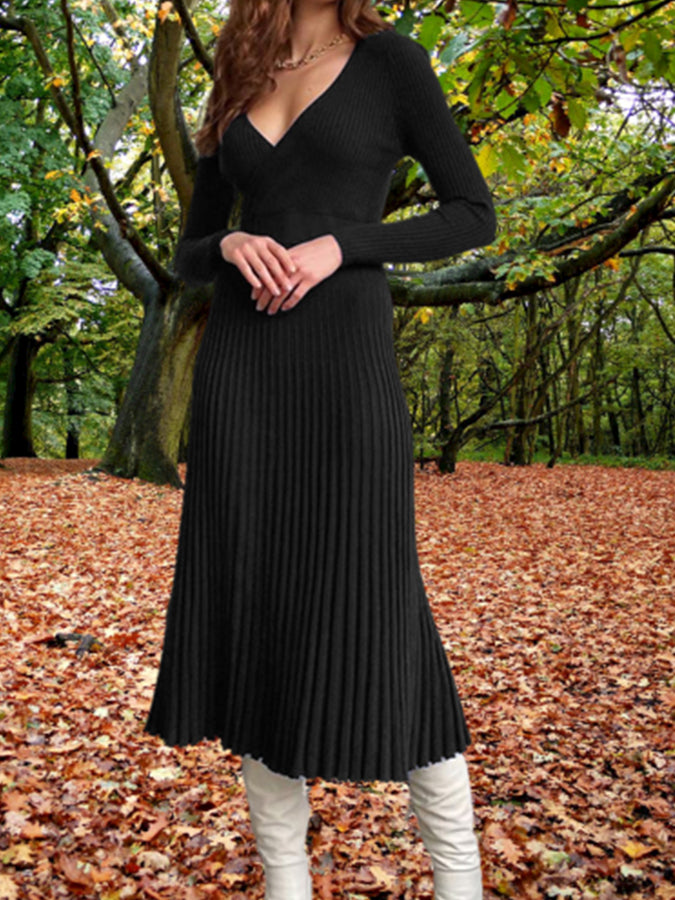 Knitted Long Sleeves V Neck Maxi Dress