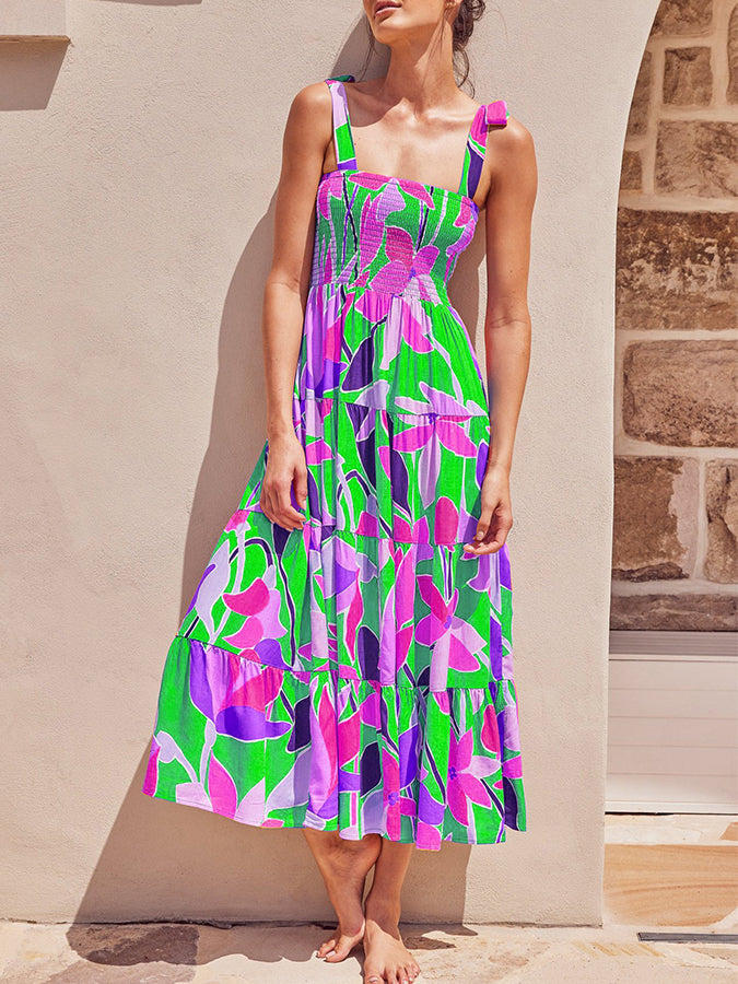 Leaves Printed Tie-shoulder Sleeveless Holiday Maxi Dress