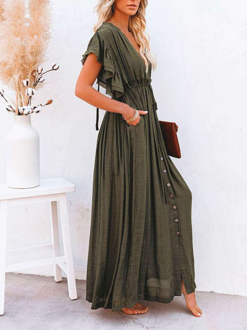 Button Cotton Linen Perfect Beach Maxi Dress