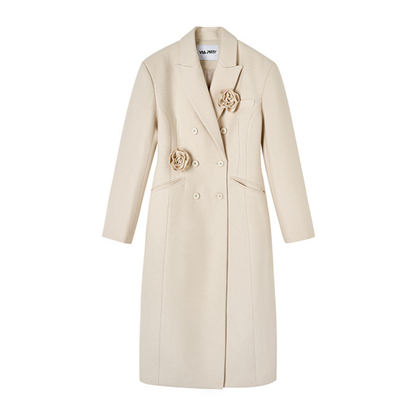 Cream Woolen Double-breasted Coat