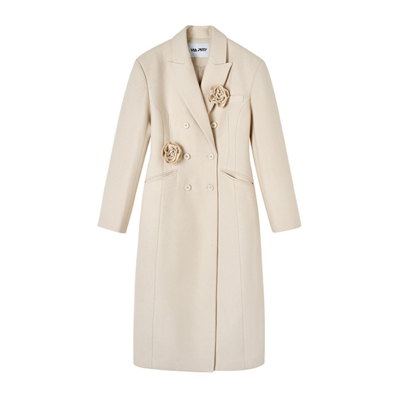 Cream Woolen Double-breasted Coat