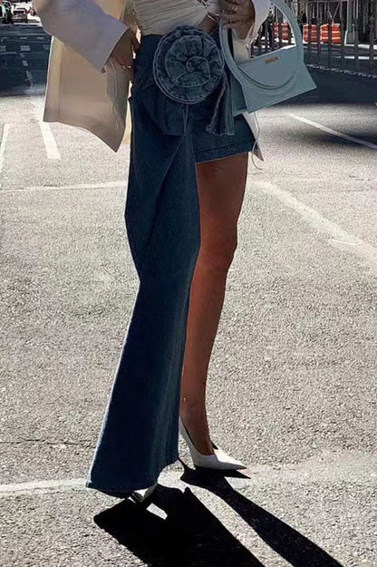 Denim Mini Skirt With 3d Roses